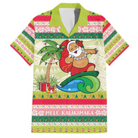 Mele Kalikimaka Hawaii Christmas Family Matching Off The Shoulder Long Sleeve Dress and Hawaiian Shirt Surfing Santa with Polynesian Tribal LT9 Dad's Shirt - Short Sleeve Green - Polynesian Pride