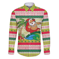 Mele Kalikimaka Hawaii Christmas Family Matching Off Shoulder Maxi Dress and Hawaiian Shirt Surfing Santa with Polynesian Tribal LT9 Dad's Shirt - Long Sleeve Green - Polynesian Pride
