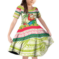 Mele Kalikimaka Hawaii Christmas Family Matching Off Shoulder Short Dress and Hawaiian Shirt Surfing Santa with Polynesian Tribal LT9 Daughter's Dress Green - Polynesian Pride