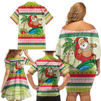 Mele Kalikimaka Hawaii Christmas Family Matching Off Shoulder Short Dress and Hawaiian Shirt Surfing Santa with Polynesian Tribal LT9 - Polynesian Pride