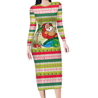 Mele Kalikimaka Hawaii Christmas Long Sleeve Bodycon Dress Surfing Santa with Polynesian Tribal LT9 Long Dress Green - Polynesian Pride