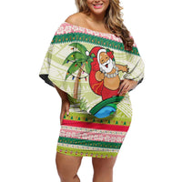 Mele Kalikimaka Hawaii Christmas Off Shoulder Short Dress Surfing Santa with Polynesian Tribal LT9 Women Green - Polynesian Pride