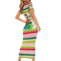 Mele Kalikimaka Hawaii Christmas Short Sleeve Bodycon Dress Surfing Santa with Polynesian Tribal LT9 - Polynesian Pride
