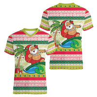 Mele Kalikimaka Hawaii Christmas Women V-Neck T-Shirt Surfing Santa with Polynesian Tribal LT9 - Polynesian Pride
