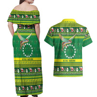 Meri Kiritimiti Cook Islands Christmas Couples Matching Off Shoulder Maxi Dress and Hawaiian Shirt Maroro Flying Fish and White Stars LT9 - Polynesian Pride
