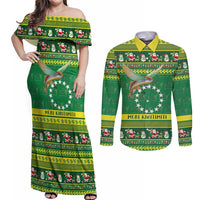 Meri Kiritimiti Cook Islands Christmas Couples Matching Off Shoulder Maxi Dress and Long Sleeve Button Shirt Maroro Flying Fish and White Stars LT9 Green - Polynesian Pride