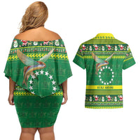 Meri Kiritimiti Cook Islands Christmas Couples Matching Off Shoulder Short Dress and Hawaiian Shirt Maroro Flying Fish and White Stars LT9 - Polynesian Pride