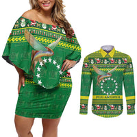 Meri Kiritimiti Cook Islands Christmas Couples Matching Off Shoulder Short Dress and Long Sleeve Button Shirt Maroro Flying Fish and White Stars LT9 Green - Polynesian Pride