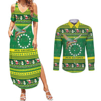 Meri Kiritimiti Cook Islands Christmas Couples Matching Summer Maxi Dress and Long Sleeve Button Shirt Maroro Flying Fish and White Stars LT9 Green - Polynesian Pride