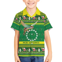 Meri Kiritimiti Cook Islands Christmas Family Matching Long Sleeve Bodycon Dress and Hawaiian Shirt Maroro Flying Fish and White Stars LT9 Son's Shirt Green - Polynesian Pride