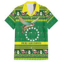 Meri Kiritimiti Cook Islands Christmas Family Matching Off The Shoulder Long Sleeve Dress and Hawaiian Shirt Maroro Flying Fish and White Stars LT9 Dad's Shirt - Short Sleeve Green - Polynesian Pride