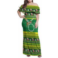 Meri Kiritimiti Cook Islands Christmas Family Matching Off Shoulder Maxi Dress and Hawaiian Shirt Maroro Flying Fish and White Stars LT9 Mom's Dress Green - Polynesian Pride