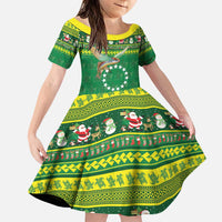 Meri Kiritimiti Cook Islands Christmas Family Matching Puletasi and Hawaiian Shirt Maroro Flying Fish and White Stars LT9 Daughter's Dress Green - Polynesian Pride