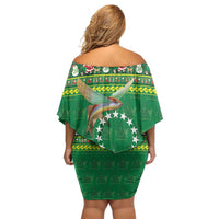 Meri Kiritimiti Cook Islands Christmas Off Shoulder Short Dress Maroro Flying Fish and White Stars LT9 - Polynesian Pride