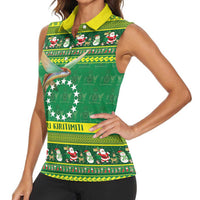 Meri Kiritimiti Cook Islands Christmas Women Sleeveless Polo Shirt Maroro Flying Fish and White Stars LT9 - Polynesian Pride