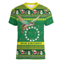 Meri Kiritimiti Cook Islands Christmas Women V-Neck T-Shirt Maroro Flying Fish and White Stars LT9 Female Green - Polynesian Pride