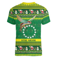 Meri Kiritimiti Cook Islands Christmas Women V-Neck T-Shirt Maroro Flying Fish and White Stars LT9 - Polynesian Pride