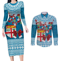 Fijian Tagimoucia Flowers Couples Matching Long Sleeve Bodycon Dress and Long Sleeve Button Shirt Christmas Coquette bow LT9 Blue - Polynesian Pride