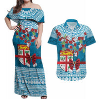 Fijian Tagimoucia Flowers Couples Matching Off Shoulder Maxi Dress and Hawaiian Shirt Christmas Coquette bow LT9 Blue - Polynesian Pride