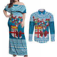 Fijian Tagimoucia Flowers Couples Matching Off Shoulder Maxi Dress and Long Sleeve Button Shirt Christmas Coquette bow LT9 Blue - Polynesian Pride