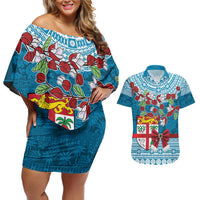 Fijian Tagimoucia Flowers Couples Matching Off Shoulder Short Dress and Hawaiian Shirt Christmas Coquette bow LT9 Blue - Polynesian Pride