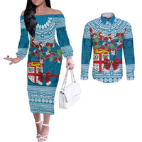 Fijian Tagimoucia Flowers Couples Matching Off The Shoulder Long Sleeve Dress and Long Sleeve Button Shirt Christmas Coquette bow LT9 Blue - Polynesian Pride