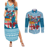 Fijian Tagimoucia Flowers Couples Matching Summer Maxi Dress and Long Sleeve Button Shirt Christmas Coquette bow LT9 Blue - Polynesian Pride