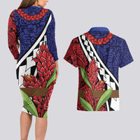 Samoan Ula Fala Flowers Couples Matching Long Sleeve Bodycon Dress and Hawaiian Shirt Christmas Santa Belt LT9 - Polynesian Pride