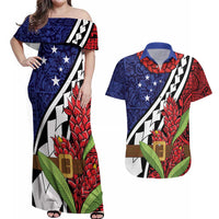Samoan Ula Fala Flowers Couples Matching Off Shoulder Maxi Dress and Hawaiian Shirt Christmas Santa Belt LT9 Red - Polynesian Pride
