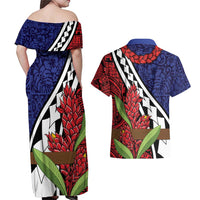 Samoan Ula Fala Flowers Couples Matching Off Shoulder Maxi Dress and Hawaiian Shirt Christmas Santa Belt LT9 - Polynesian Pride