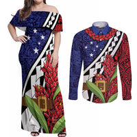 Samoan Ula Fala Flowers Couples Matching Off Shoulder Maxi Dress and Long Sleeve Button Shirt Christmas Santa Belt LT9 Red - Polynesian Pride