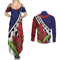Samoan Ula Fala Flowers Couples Matching Summer Maxi Dress and Long Sleeve Button Shirt Christmas Santa Belt LT9 - Polynesian Pride
