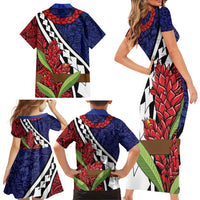 Samoan Ula Fala Flowers Family Matching Short Sleeve Bodycon Dress and Hawaiian Shirt Christmas Santa Belt LT9 - Polynesian Pride