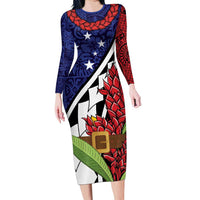 Samoan Ula Fala Flowers Long Sleeve Bodycon Dress Christmas Santa Belt LT9 Long Dress Red - Polynesian Pride