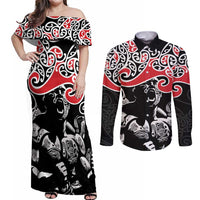 Aotearoa Toitu Te Tiriti Couples Matching Off Shoulder Maxi Dress and Long Sleeve Button Shirt New Zealand Stand Together Stand Stronger LT9 Black - Polynesian Pride
