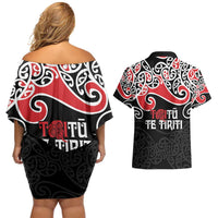 Aotearoa Toitu Te Tiriti Couples Matching Off Shoulder Short Dress and Hawaiian Shirt New Zealand Stand Together Stand Stronger LT9 - Polynesian Pride