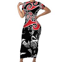 Aotearoa Toitu Te Tiriti Short Sleeve Bodycon Dress New Zealand Stand Together Stand Stronger LT9 Long Dress Black - Polynesian Pride