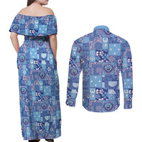 Federated States of Micronesia Merry Christmas Couples Matching Off Shoulder Maxi Dress and Long Sleeve Button Shirt Pacific Patchwork Xmas Vibes - Polynesian Pride