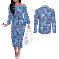 Federated States of Micronesia Merry Christmas Couples Matching Off The Shoulder Long Sleeve Dress and Long Sleeve Button Shirt Pacific Patchwork Xmas Vibes LT9 Blue - Polynesian Pride