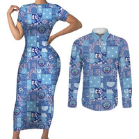 Federated States of Micronesia Merry Christmas Couples Matching Short Sleeve Bodycon Dress and Long Sleeve Button Shirt Pacific Patchwork Xmas Vibes LT9 Blue - Polynesian Pride