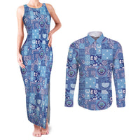 Federated States of Micronesia Merry Christmas Couples Matching Tank Maxi Dress and Long Sleeve Button Shirt Pacific Patchwork Xmas Vibes LT9 Blue - Polynesian Pride