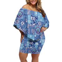 Federated States of Micronesia Merry Christmas Family Matching Off Shoulder Short Dress and Hawaiian Shirt Pacific Patchwork Xmas Vibes LT9 Mom's Dress Blue - Polynesian Pride