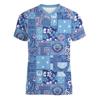 Federated States of Micronesia Merry Christmas Women V-Neck T-Shirt Pacific Patchwork Xmas Vibes - Polynesian Pride