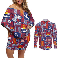 Kiribati Tekeraoi n te Kiritimati Couples Matching Off Shoulder Short Dress and Long Sleeve Button Shirt Pacific Patchwork Xmas Vibes LT9 Red - Polynesian Pride