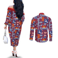Kiribati Tekeraoi n te Kiritimati Couples Matching Off The Shoulder Long Sleeve Dress and Long Sleeve Button Shirt Pacific Patchwork Xmas Vibes LT9 - Polynesian Pride
