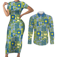 Palau Ungil Kurismas Couples Matching Short Sleeve Bodycon Dress and Long Sleeve Button Shirt Pacific Patchwork Xmas Vibes - Polynesian Pride