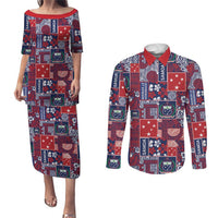 Red Samoa Manuia Le Kerisimasi Couples Matching Puletasi and Long Sleeve Button Shirt Pacific Patchwork Xmas Vibes - Polynesian Pride