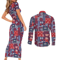 Red Samoa Manuia Le Kerisimasi Couples Matching Short Sleeve Bodycon Dress and Long Sleeve Button Shirt Pacific Patchwork Xmas Vibes - Polynesian Pride
