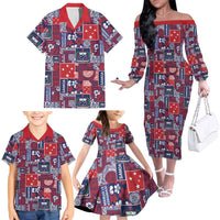 Red Samoa Manuia Le Kerisimasi Family Matching Off The Shoulder Long Sleeve Dress and Hawaiian Shirt Pacific Patchwork Xmas Vibes LT9 - Polynesian Pride