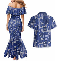 Blue Samoa Manuia Le Kerisimasi Couples Matching Mermaid Dress and Hawaiian Shirt Pacific Patchwork Xmas Vibes - Polynesian Pride